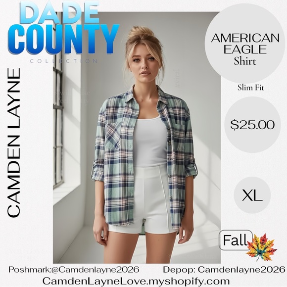 American Eagle Green, Purple and Pink Plaid Shirt - Picture 1 of 6